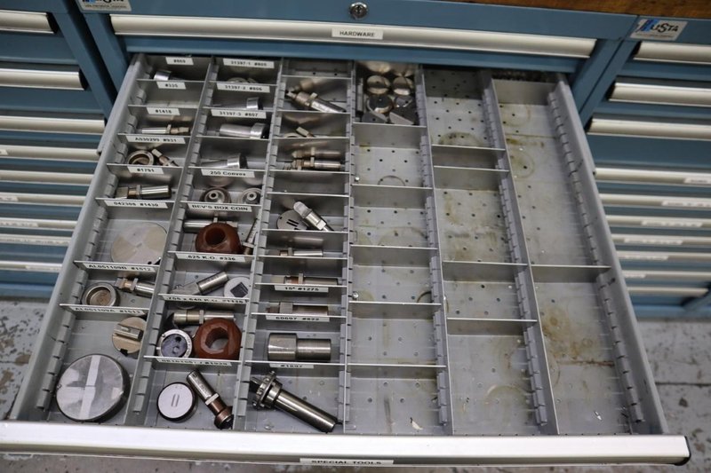 112 and Marathon 112, Turret Punch Tooling, (3) Lista Cabinets with Maple Top Loaded with Tooling- Auction Item