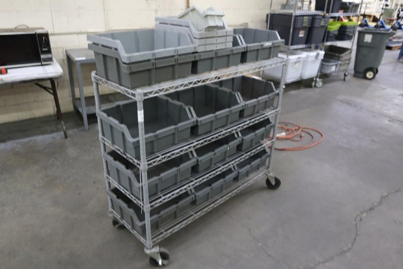 Safco Wire Rack Cart with 4 Shelves and  Plastic Bins- Auction Item