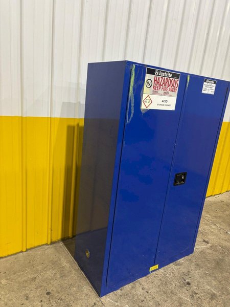 2 DOOR JUSTRITE HAZARDOUS MATERIALS STORAGE CABINET, 43” X 18” X 65” HIGH: YOBRO #24503