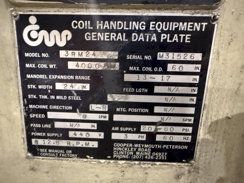 4000 LBS X 24" COOPER WEYMOUTH MODEL #4RM24 MOTORIZED UNCOILER COIL REEL: YOBRO #25767