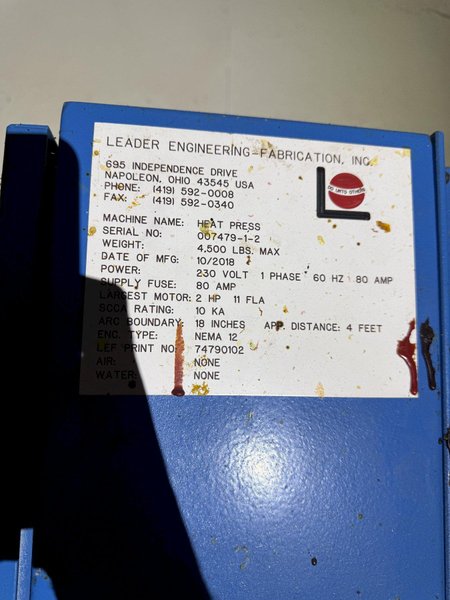 3,000 PSI LEADER ENGINEERING FABRICATION HEAT PRESS. STOCK #0431926