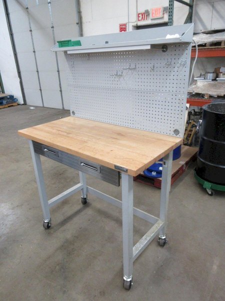 Portable Work Bench with Maple Top, Upper Shelf, Drawer, Work light- Auction Item