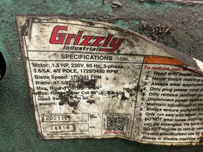 GRIZZLY 10”X15” SWIVEL METAL CUTTING HORIZONTAL BAND SAW  -  GO614
