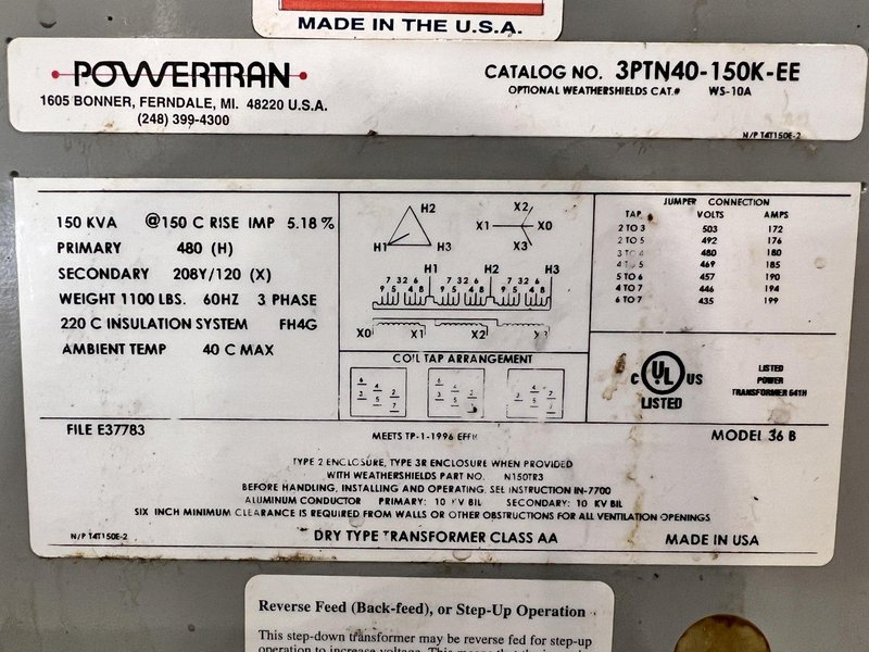 150 KVA POWERTRAN 3 PHASE ELECTRICAL TRANSFORMER, 480 &lt;--&gt; 208Y/120 VOLT: STOCK 21931