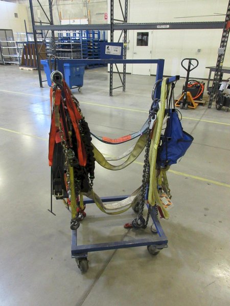 Rolling Cantilever Rack with Assorted Lifting Straps and Chains- Auction Item