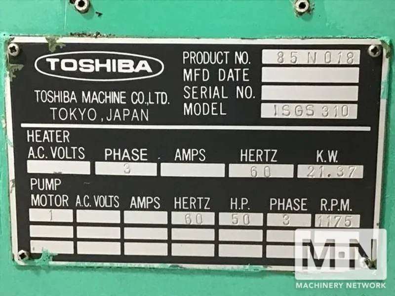 310 TON 41 OZ TOSHIBA MODEL ISGS310WV10-19B INJECTION MOLDING MACHINE MFG 2001