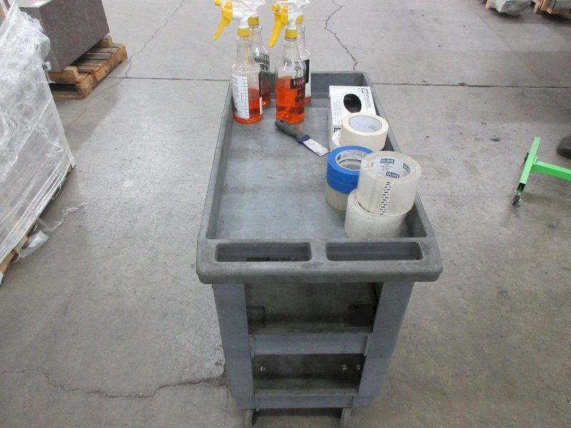 Plastic Shop Cart, 3 Shelves with Cleaning Supplies and Tape- Auction Item