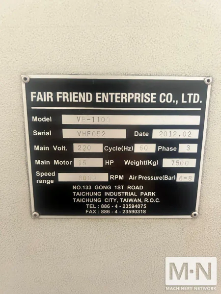 Feeler VC-1100 CNC Vertical Machining Center, 2012