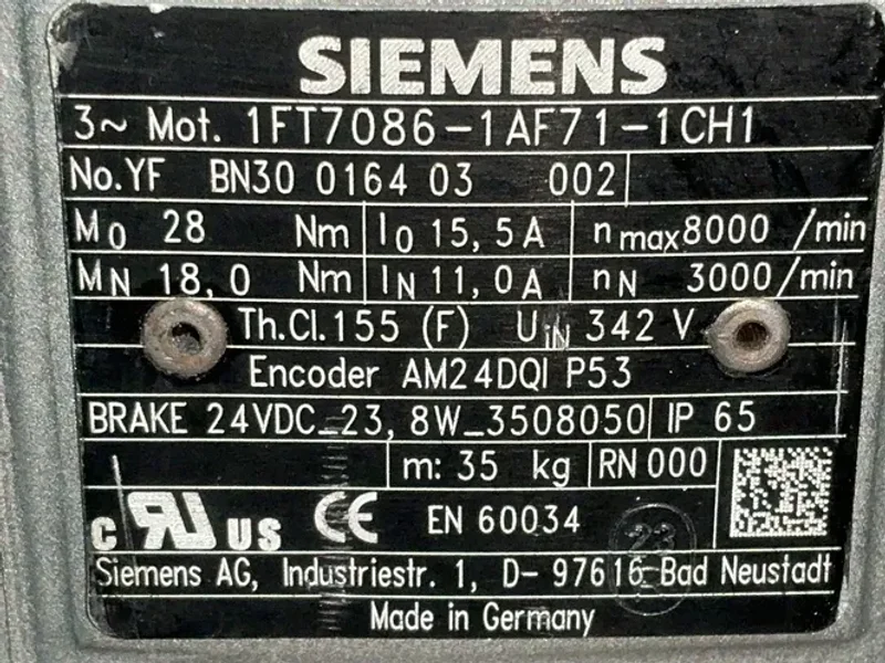 Siemens 8000rpm Servo Motor - 1ft7086-1af71-1ch1