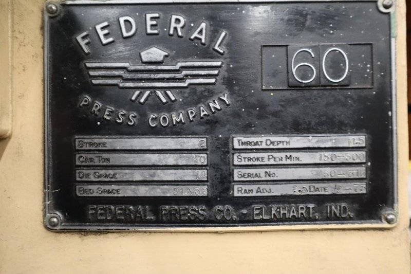 Federal Model 60 Punch Press, 60 Ton, OBI, Single Crank, Flywheel, 2" Stroke, Air Clutch