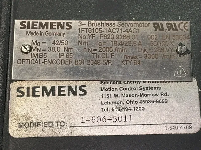 SIEMENS 2000RPM SERVO MOTOR  -  1FT6105-1AC71-4AG1