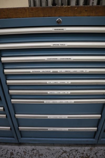 112 and Marathon 112, Turret Punch Tooling, (3) Lista Cabinets with Maple Top Loaded with Tooling- Auction Item