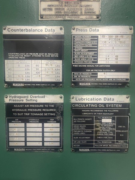 300-ton Niagara SE2-300-84-48 UH, 330 ton Straight Side Double Crank Mechanical Metal Stamping Press For Sale, Year 1992