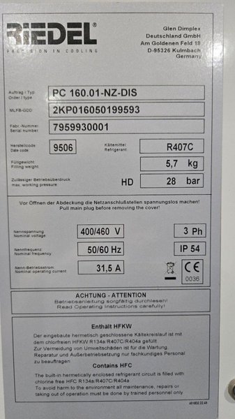 RIEDEL PC 160.01-NZ-DIS Cooling System 400/460V 50/60H 3PH USED