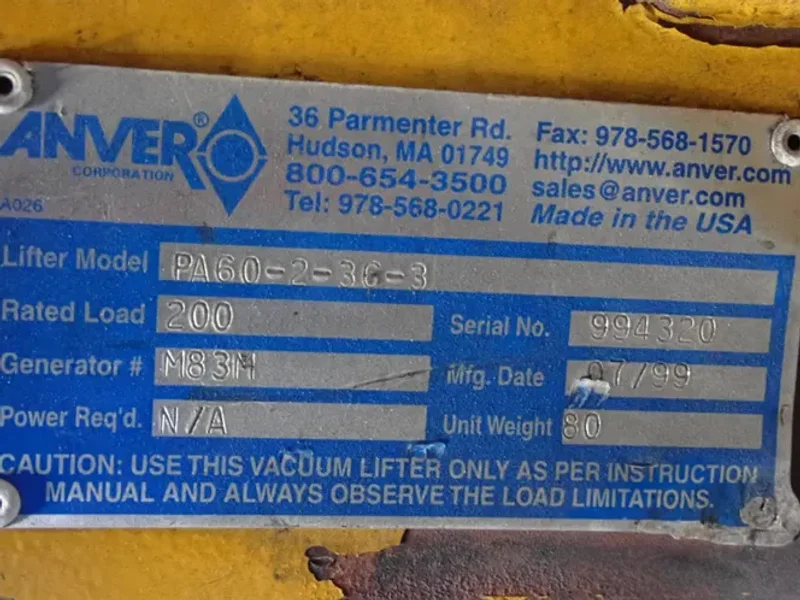 ANVER 200 LBS VACUUM LIFT ATTACHMENT  -  PA60-2-36-3