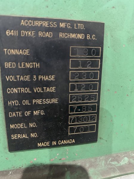 130 TON x 12&#039; ACCURRESS MODEL #713012 HYDRAULIC PRESS BRAKE: STOCK #23701