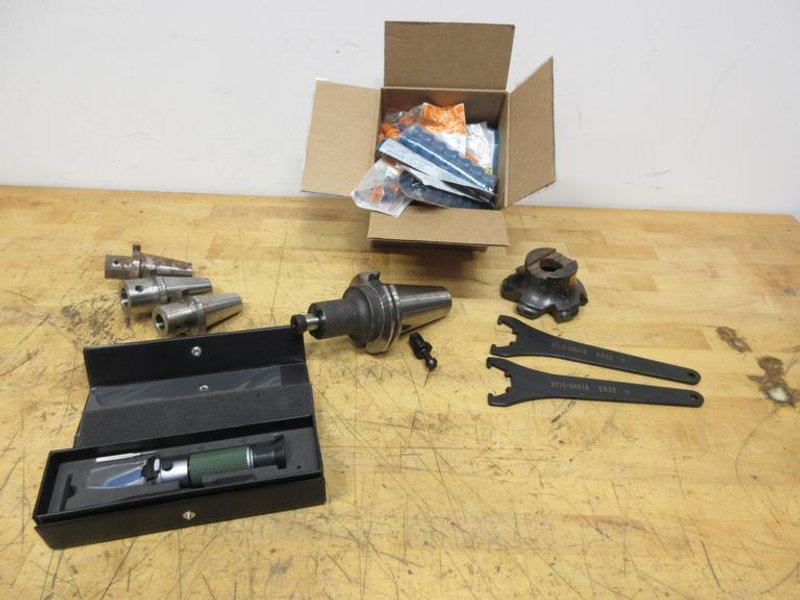 Redline CAT50 Shell Mill Holder, Sandvik 4.5" Shell Mill, ER32 Collet Wrenches, Box of Loc-Line, Zebra Refractometer, 3 Uknown Tool Holders- Auction Item