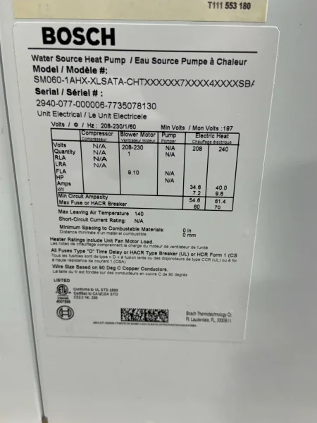 BOSCH WATER SOURCE HEAT PUMP   -  SM060-1AHX-XLSATA-CHTX