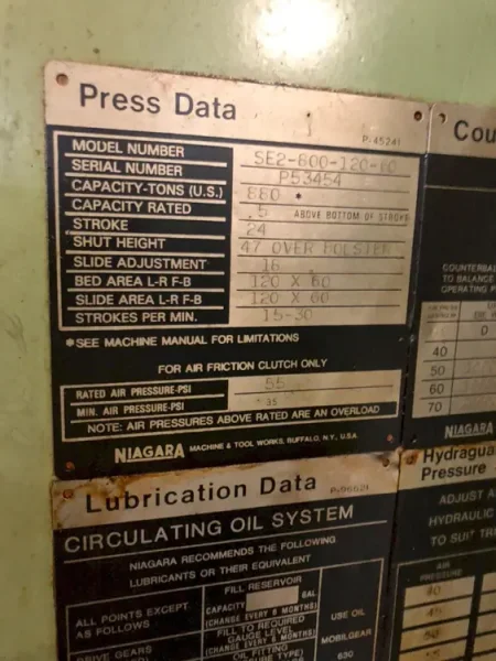 NIAGARA 880 TON SSDC PRESS, S/N P53454, STOCK# 14124J