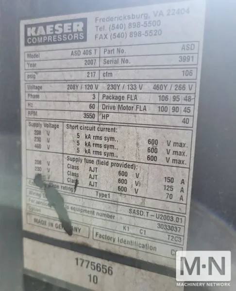 40 HP Kaeser ASD 40S T Rotary Screw Air Compressor