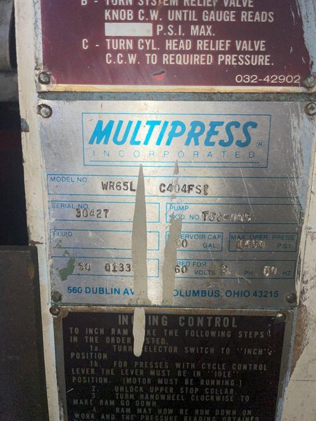 8 TON MULTIPRESS MODEL #WR65L HYDRAULIC C-FRAME PRESS: STOCK #15428
