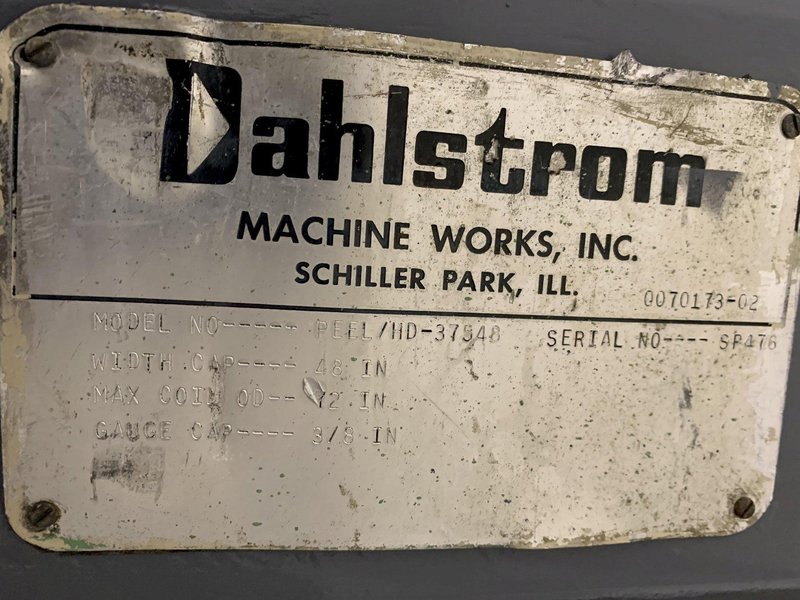 48" DAHLSTROM HD-37548 PEELER TABLE W/ HYDRAULIC HOLD DOWN. STOCK # 0206522