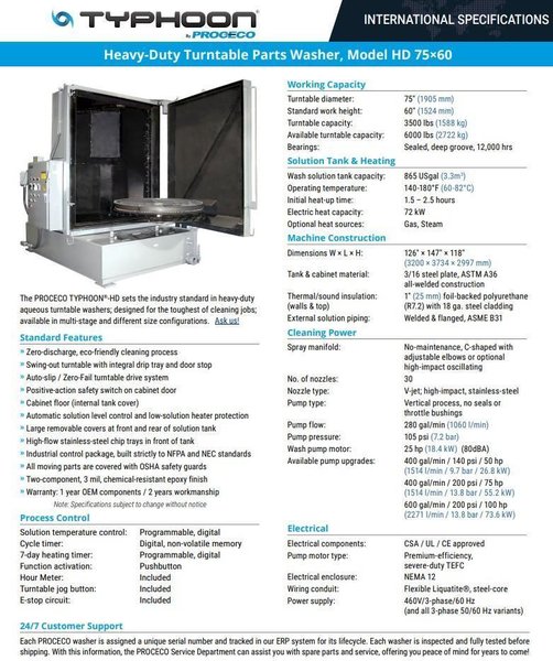 75&quot; x 60&quot; PROCECO MODEL #HD-75X60-E-6000-1-BO HEAVY DUTY ROTARY TABLE PARTS WASHER: YOBRO #24050