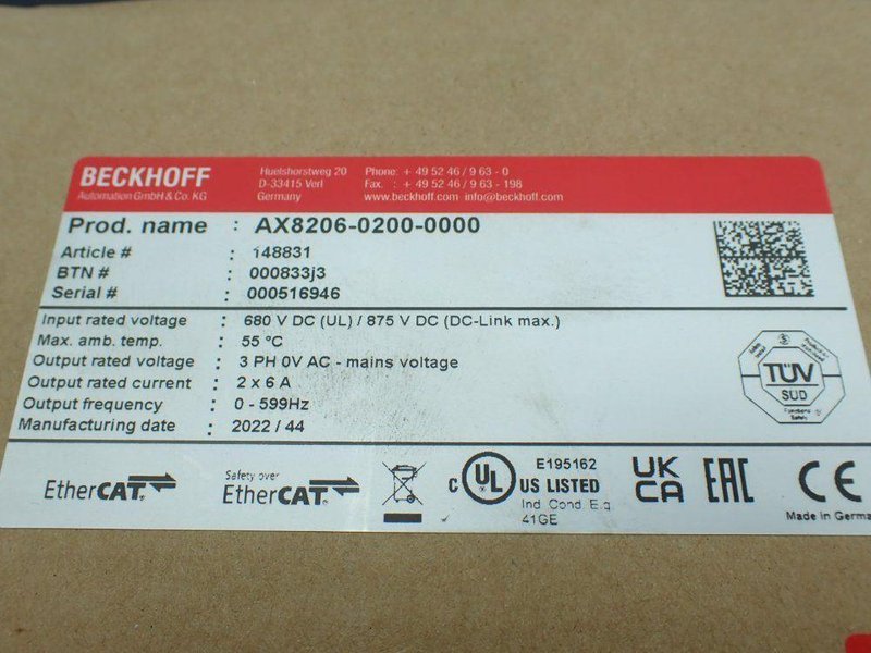 BECKHOFF DUAL-AXIS MODULE  FACTORY SEALED  -  AX8206-0200-0000