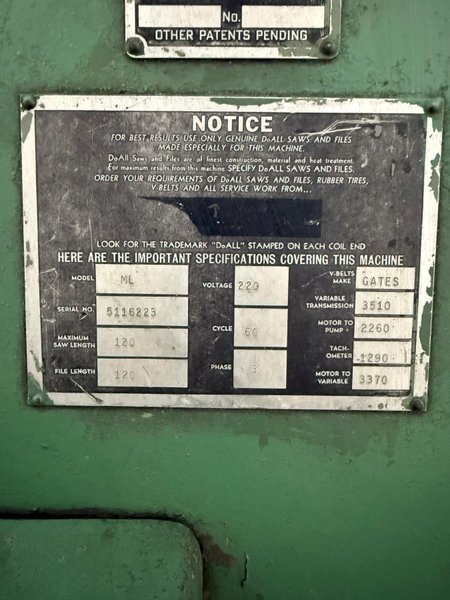 16" DOALL ML-16 VERTICAL BANDSAW. STOCK # 1118824