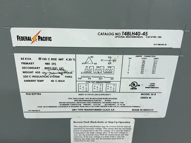 Federal Pacific 45 Kva Transformer - T48lh40-45