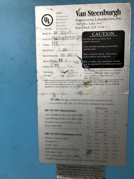 REFRIGERATION RECLAIM SYSTEM: STOCK #14028