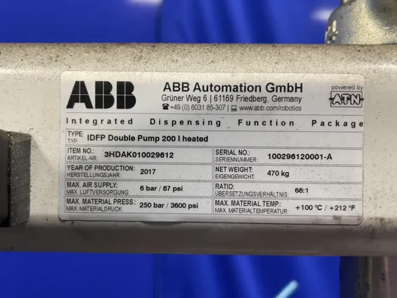 ABB AUTOMATION GMBH 3600 PSI INTEGRATED DISPENSING FUNCTION PACKAGE DOUBLE PUMP 200 I HEATED  -  3HDAK010029612