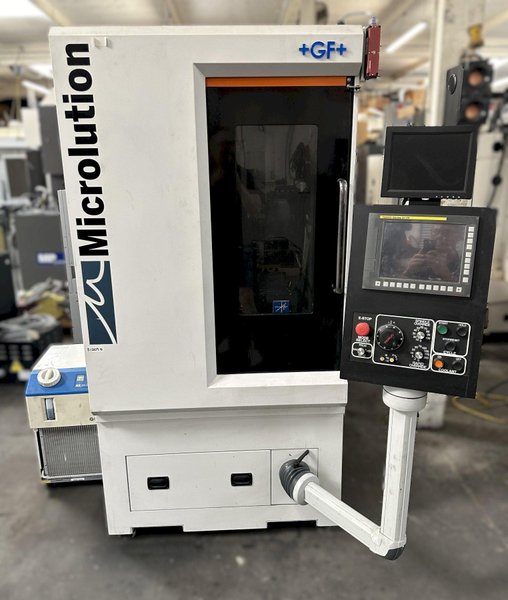 GF Microlution MR4 Precision Micro Lathe 2018 Fanuc Oi-TF Modular Design, Gang-Style Tooling, Multiple Axes of Motion, Valuable Y-axis, Camara System, Capable of Achieving Positional Accuracy of +/- 1 µm, with Spindle Speeds up to 15,000 rpm and Tooling Speeds up to 30,000 rpm