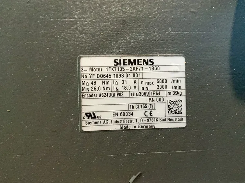 Siemens 5000 Rpm Servo Motor - 1fk7105-2af71-1bg0