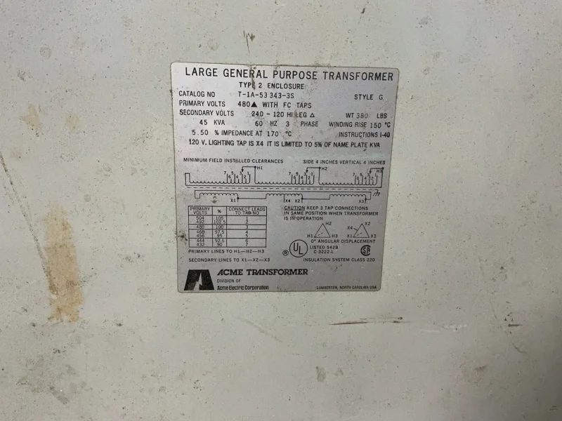 ACME 45 KVA TRANSFORMER  -  T-1A-53 343-3S