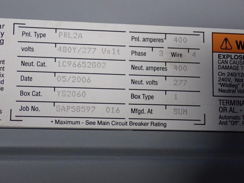 SQUARE D 400 AMP / 277/480 VAC PANELBOARD   -  PRL2A