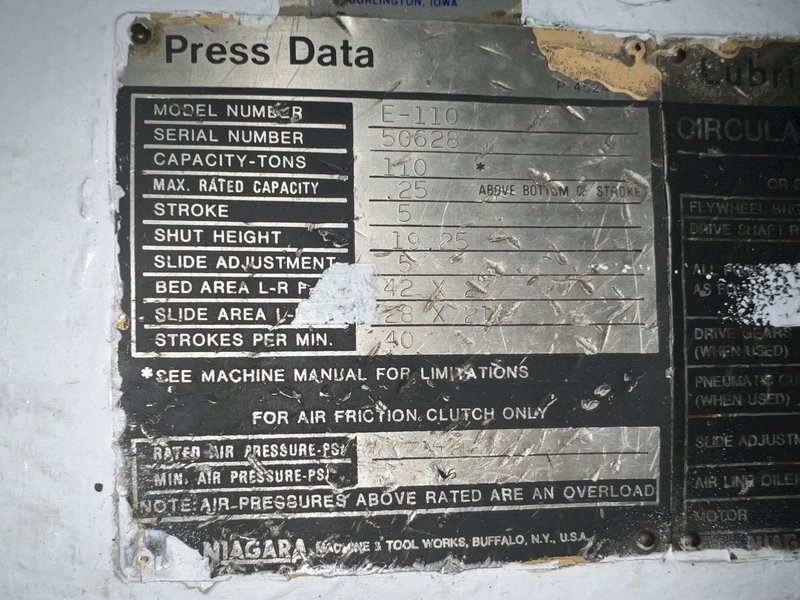 110 TON NIAGARA MODEL#E-110 MECHANICAL GAP FRAME PUNCH PRESS, 5&quot; STROKE: STOCK 17122
