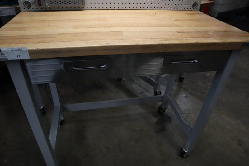 Portable Work Bench with Maple Top, Upper Shelf, Drawer, Work lighy- Auction Item