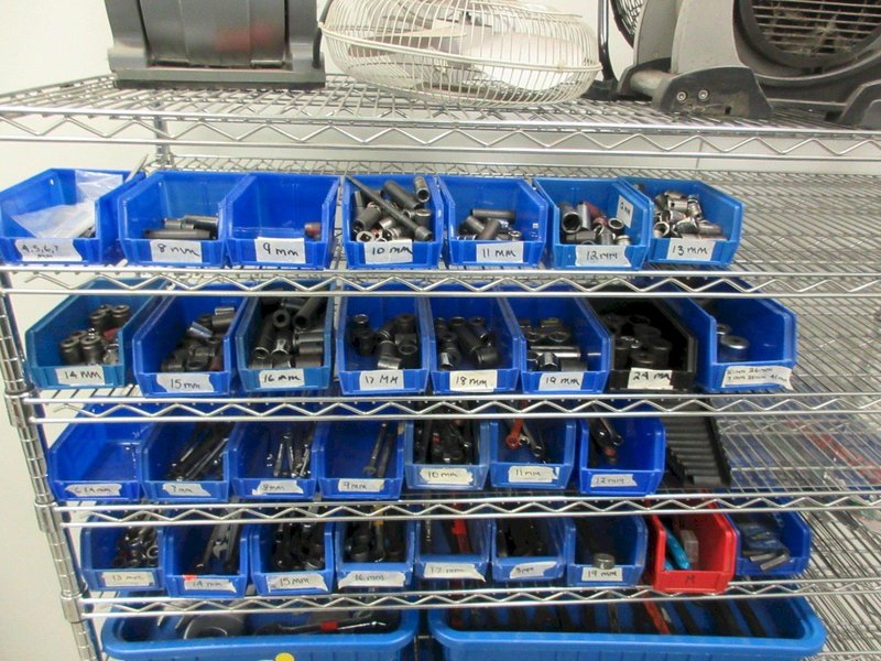 Hand Tools, including Box End Wrenches, Ratchets, Sockets and MORE on Quantum 11-Shelf 60" x 24" 78" Metal Wire Rolling Cart- Auction Item