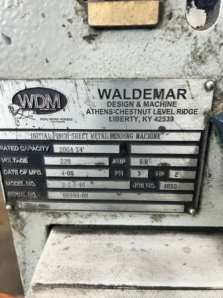 USED WDM MODEL B-2.6-48 4' X 20 GAUGE 3-ROLL INITAL PINCH PLATE ROLL