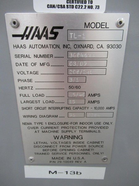 Haas TL-1 CNC Toolroom Lathe w Tailstock, 8" Chuck, Coolant Intuitive Programming