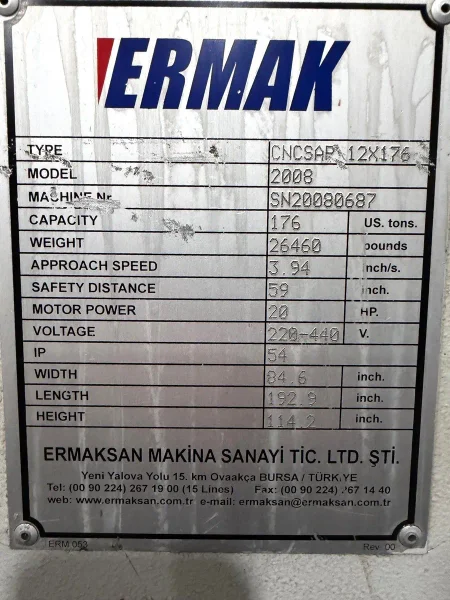 USED ERMAKSAN 12' X 176 TON HYDRAULIC CNC PRESS BRAKE MODEL CNC SAP 12X176