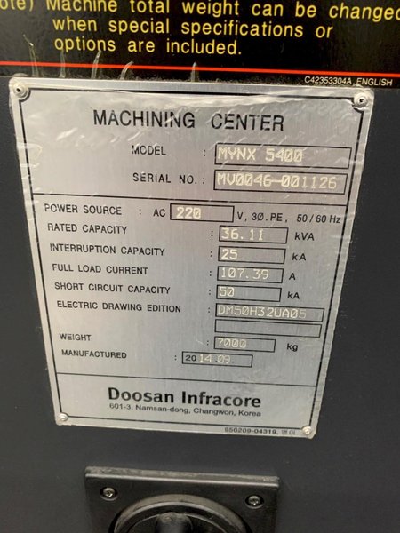 2014 DOOSAN MYNX 5400 with Chip Conveyor Vertical Machining Center