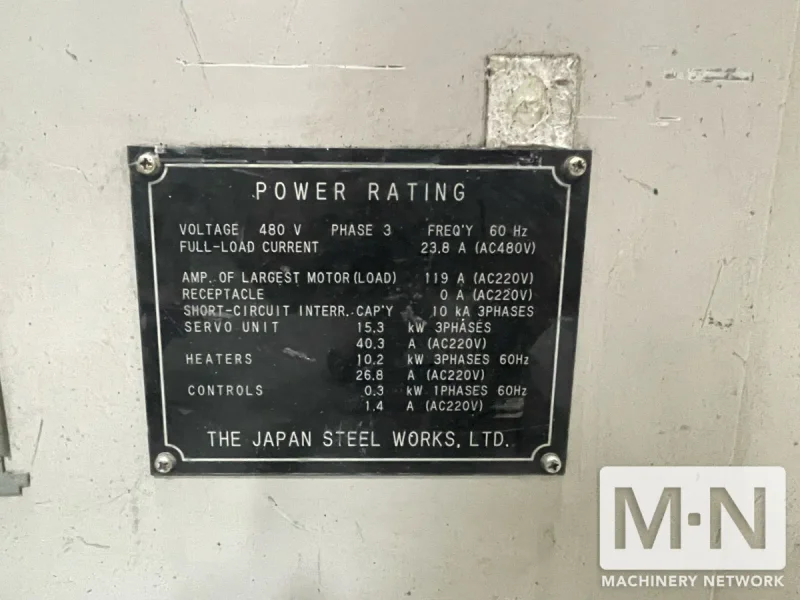 121 TON 4.3 OZ JSW MODEL J110AD-180H ELECTRIC INJECTION MOLDING MACHINE MFG 2005