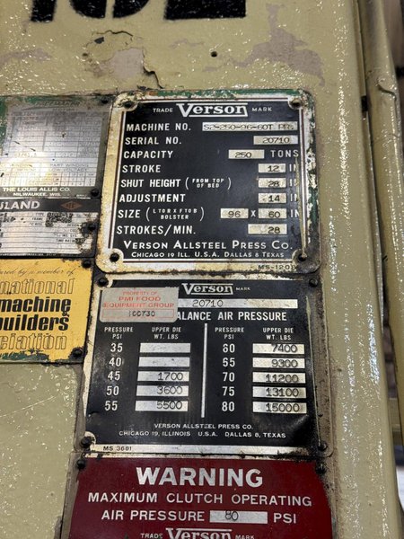 250 TON VERSON S2-250-96-60 STRAIGHT SIDE DOUBLE CRANK PRESS. STOCK # 0999425