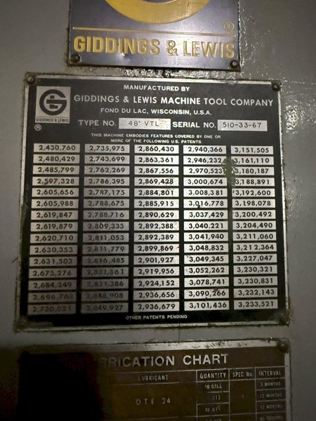 GIDDINGS &amp; LEWIS VERTICAL TURRET LATHE. STOCK # 0546626