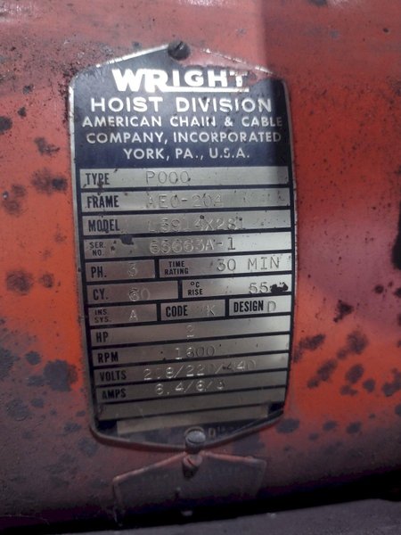 2000 LBS (1 TON) WRIGHT MODEL #W1 CABLE HOIST W/ POWERED TROLLEY: STOCK #18743
