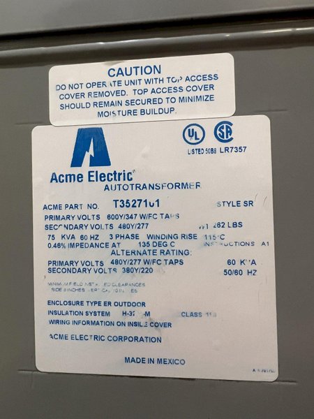7.5 KVA ACME 660 TO 480 VOLT TRANSFORMER: STOCK #18885