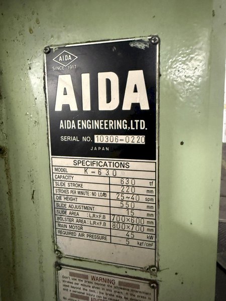 630 TON AIDA MODEL #K-630 KNUCKLE JOINT PRESS, NEW 1991: YOBRO #25820