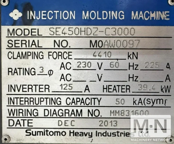 500 TON 61 OZ  SUMITOMO MODEL SE450EV-A-C3000 ELECTRIC INJECTION MOLDING MACHINE MFG 2014/2013 (2) AVAILABLE